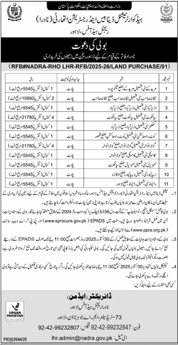 NADRA Lahore Tender Notice